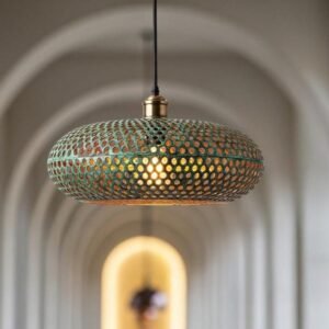 Moroccan Patina Brass Pendant Light: Handmade Boho Green Ceiling Lamp