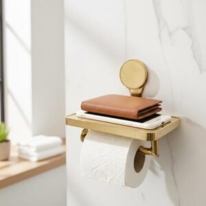 Handmade Unlacquered Brass Toilet Paper Holder with Shelf - Rustic Farmhouse Style