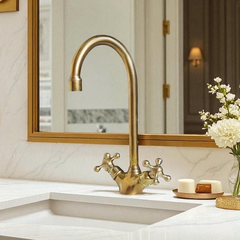 products-HoleDesignForBathroom11.jpg Unlacquered Brass Basin Faucet, Vintage Double Handle Tap, Single Hole Design For Bathroom - Image 2