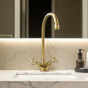 Unlacquered Brass Basin Faucet, Vintage Double Handle Tap, Single Hole Design For Bathroom