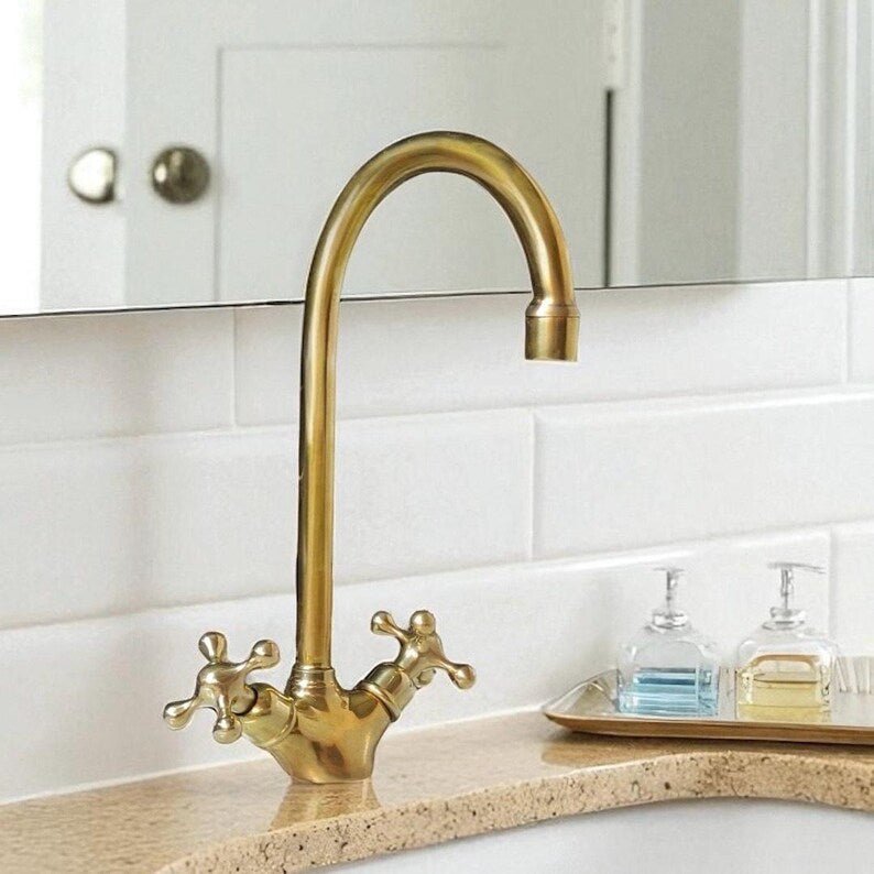 products-HoleDesignForBathroom22.jpg Unlacquered Brass Basin Faucet, Vintage Double Handle Tap, Single Hole Design For Bathroom - Image 3