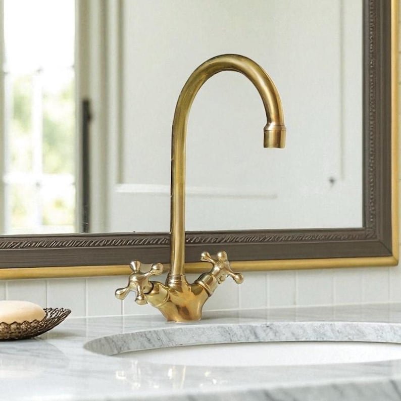 products-HoleDesignForBathroom33.jpg Unlacquered Brass Basin Faucet, Vintage Double Handle Tap, Single Hole Design For Bathroom - Image 4