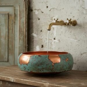 Rustic Copper Bathroom Basin,Copper Vessel Sink, Moroccan Honeycomb Vessel Basin,Copper Sink, Moroccan Green Patina Bathroom Washbasin