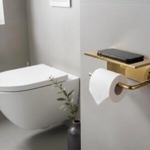 Unlacquered Brass Bathroom Floating Shelf, Wall Mounted Shelf With Hook & Toilet Paper Holder
