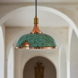 Handmade Copper Dome Pendant Light: Green Patina, Vintage Industrial Style