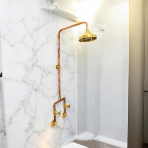 Handcrafted Unlacquered Copper Outdoor Shower System: Wall-Mounted Industrial Design