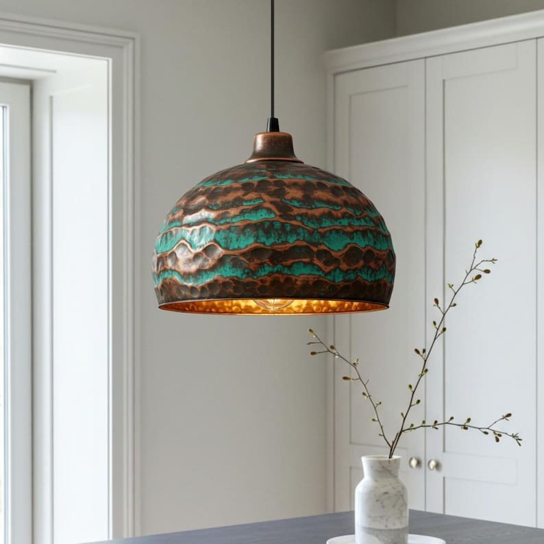 products-IndustrialFarmhouseLight1.jpg Handmade Oxidized Copper Dome Pendant Light: Industrial Farmhouse Lighting