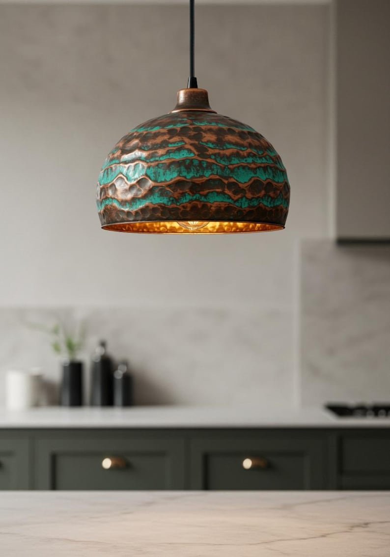 products-IndustrialFarmhouseLight3.jpg Handmade Oxidized Copper Dome Pendant Light: Industrial Farmhouse Lighting - Image 3