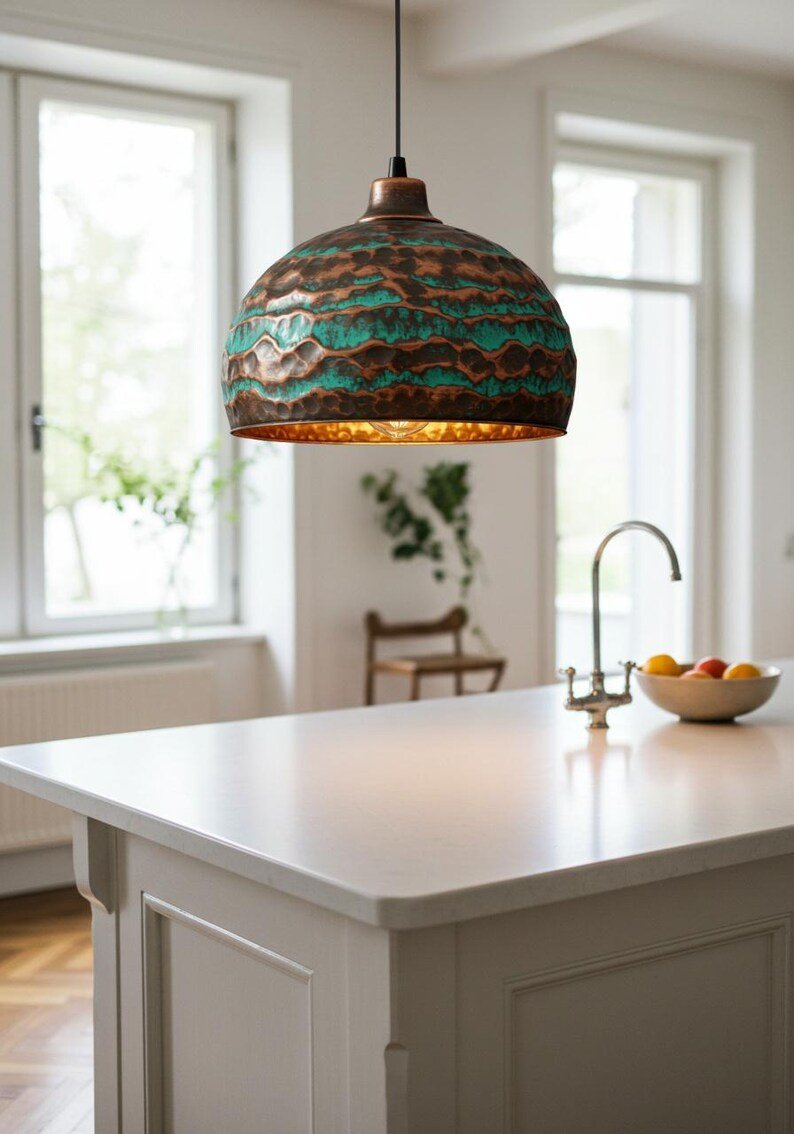 products-IndustrialFarmhouseLight5.jpg Handmade Oxidized Copper Dome Pendant Light: Industrial Farmhouse Lighting - Image 5