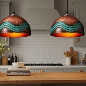 Handmade Moroccan Copper Pendant Light: Green Patina Industrial Hanging Lamp