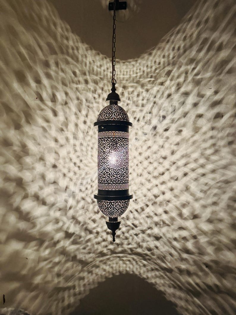 products-Intricate2.jpg Moroccan Brass Pendant Light, Tall Hanging Lantern Fixture with Intricate Filigree Design - Image 2