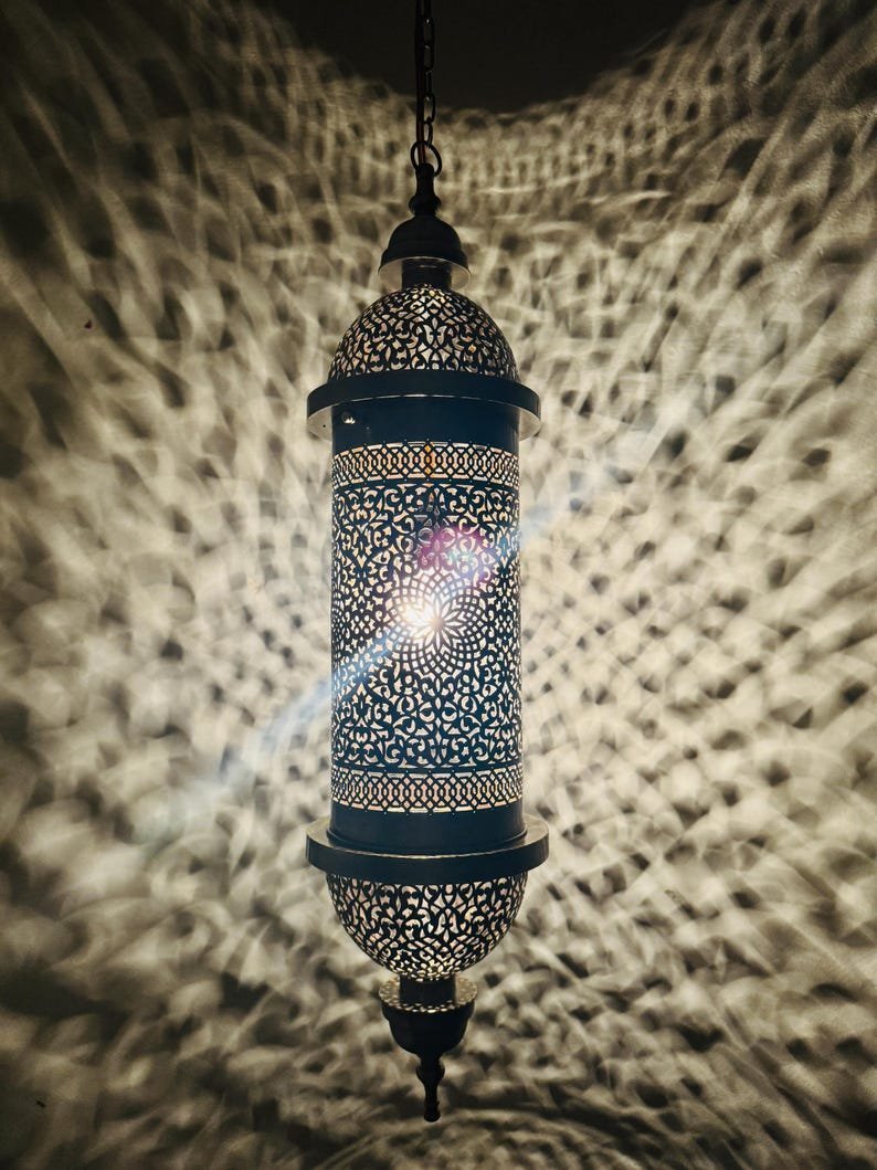 products-Intricate3.jpg Moroccan Brass Pendant Light, Tall Hanging Lantern Fixture with Intricate Filigree Design - Image 6