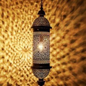 Moroccan Brass Pendant Light, Tall Hanging Lantern Fixture with Intricate Filigree Design