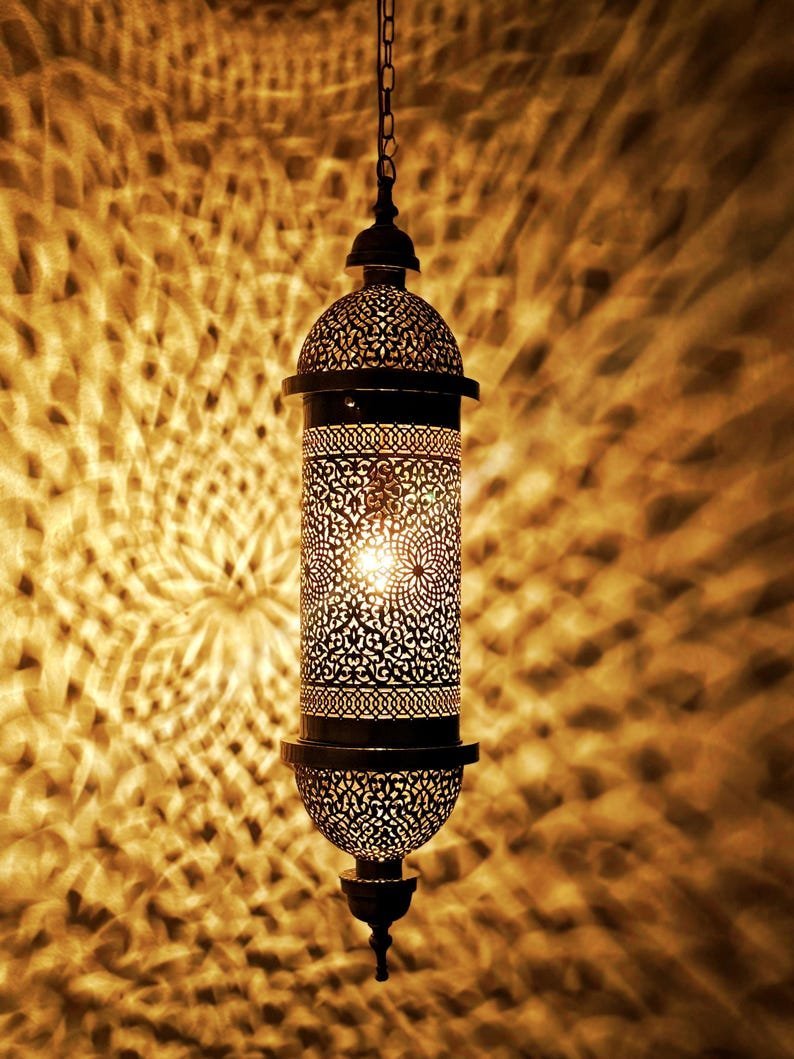 products-Intricate5.jpg Moroccan Brass Pendant Light, Tall Hanging Lantern Fixture with Intricate Filigree Design