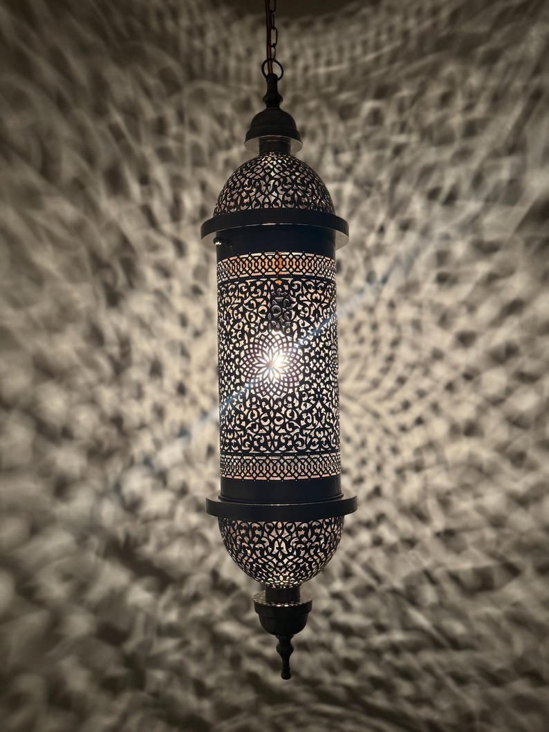 products-Intricate7.jpg Moroccan Brass Pendant Light, Tall Hanging Lantern Fixture with Intricate Filigree Design - Image 4