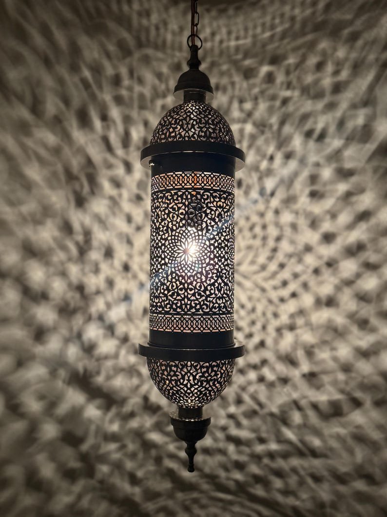products-Intricate8.jpg Moroccan Brass Pendant Light, Tall Hanging Lantern Fixture with Intricate Filigree Design - Image 7