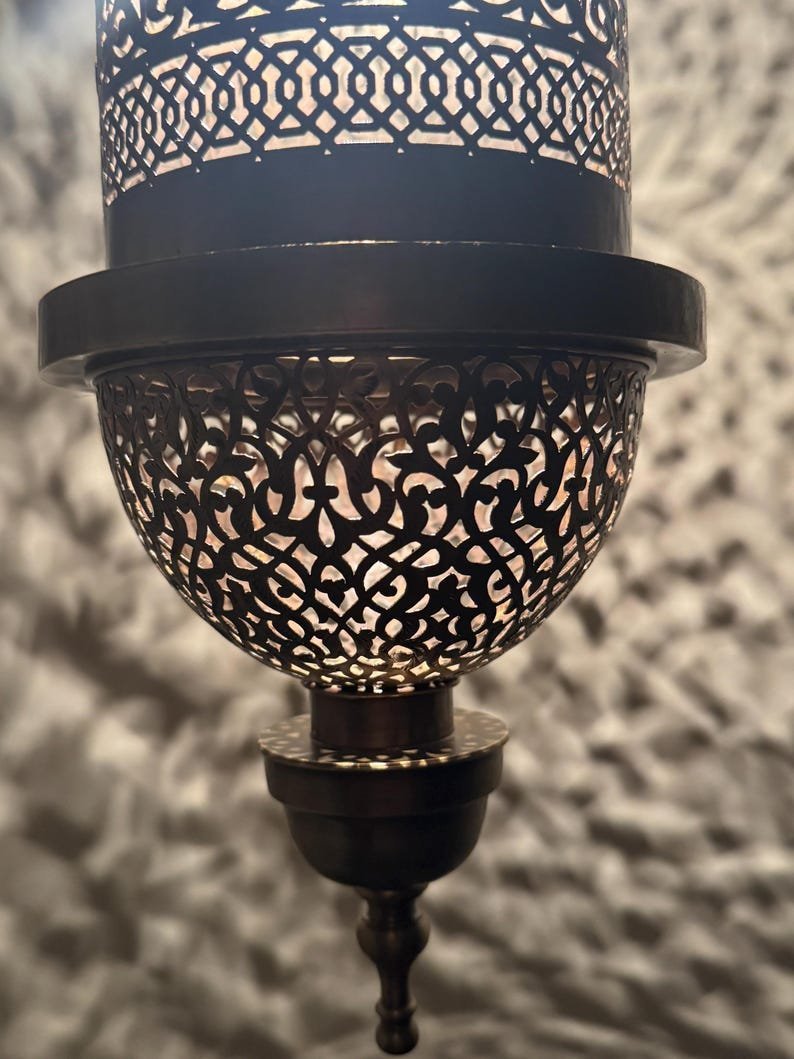 products-Intricate9.jpg Moroccan Brass Pendant Light, Tall Hanging Lantern Fixture with Intricate Filigree Design - Image 8