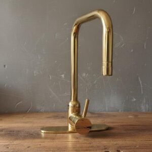 Unlacquered Solid Brass Gooseneck Kitchen Faucet with Base & Drain | Duty-Free