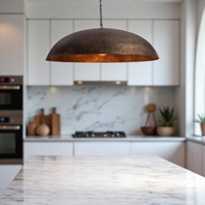 Brushed Bronze Flat Dome Pendant Light – Hammered Brass Hanging Ceiling Lamp for Kitchen Island