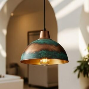 Handmade Moroccan Copper Pendant Light: Green Patina Dome Lamp