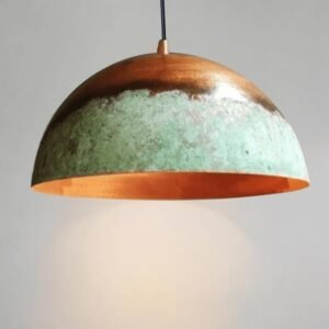 Oxidized Copper Dome Pendant Light – Green Patina Farmhouse Hanging Kitchen Island Lamp for