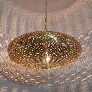 Moroccan Brass Pendant Light: Hammered Lantern with Intricate Shadow Pattern