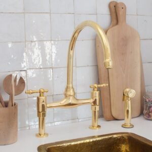 Unlacquered Brass Bridge faucet, Aged Brass Kitchen Sink Faucet, Vintage Lever Handles | Duty-Free
