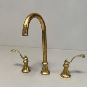 Solid Brass Deck Mount Faucet – Gooseneck Bathroom Sink Faucet with Two Lever Handles