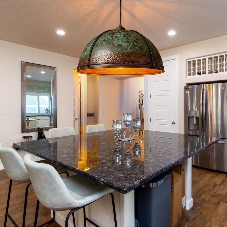 products-LodgeChandelierwithVerdigrisPatina1.jpg Hammered Copper Dome Pendant Light: Rustic Lodge Chandelier with Verdigris Patina - Image 2