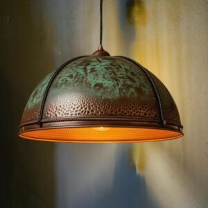 Hammered Copper Dome Pendant Light: Rustic Lodge Chandelier with Verdigris Patina