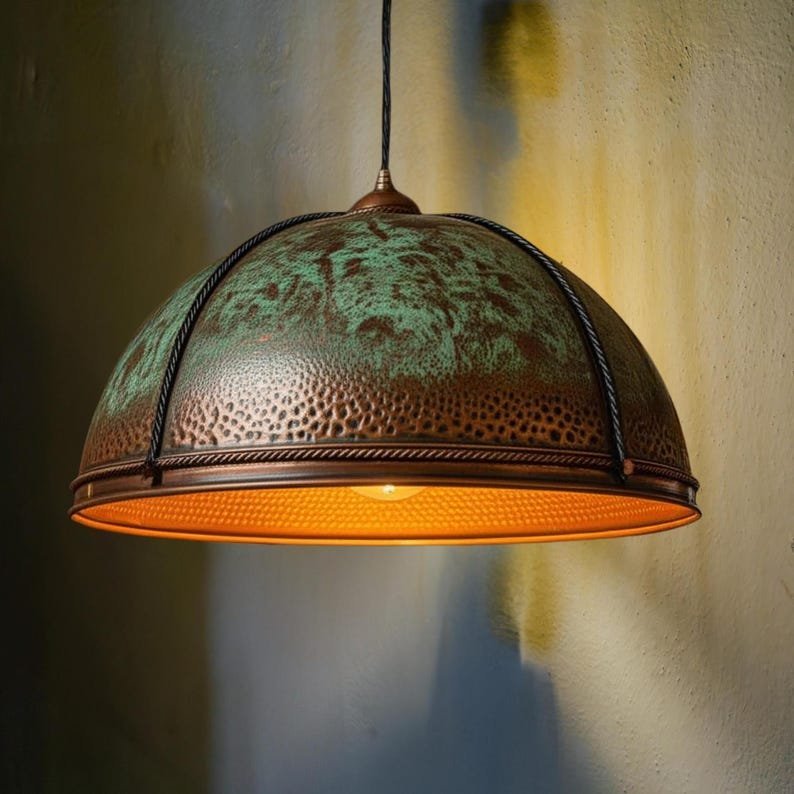 products-LodgeChandelierwithVerdigrisPatina2.jpg Hammered Copper Dome Pendant Light: Rustic Lodge Chandelier with Verdigris Patina