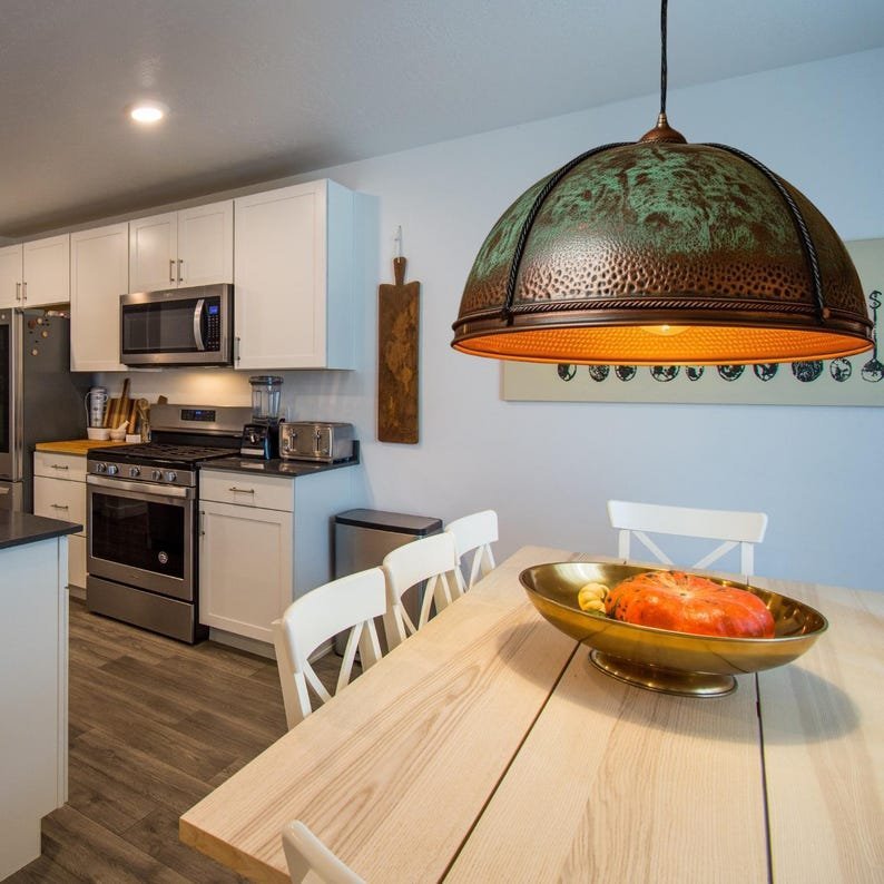 products-LodgeChandelierwithVerdigrisPatina3.jpg Hammered Copper Dome Pendant Light: Rustic Lodge Chandelier with Verdigris Patina - Image 3