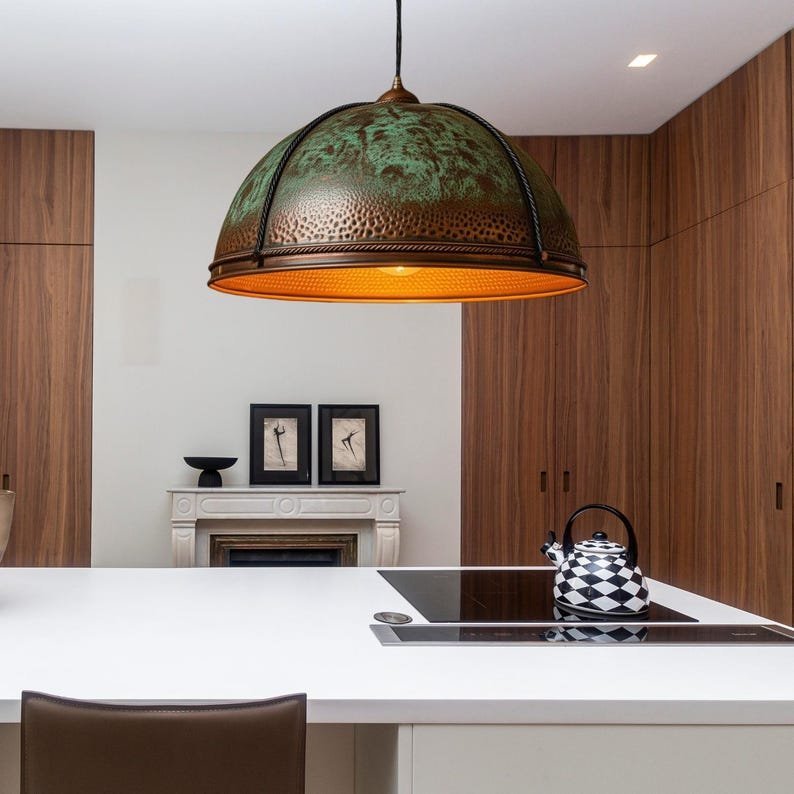 products-LodgeChandelierwithVerdigrisPatina4.jpg Hammered Copper Dome Pendant Light: Rustic Lodge Chandelier with Verdigris Patina - Image 4