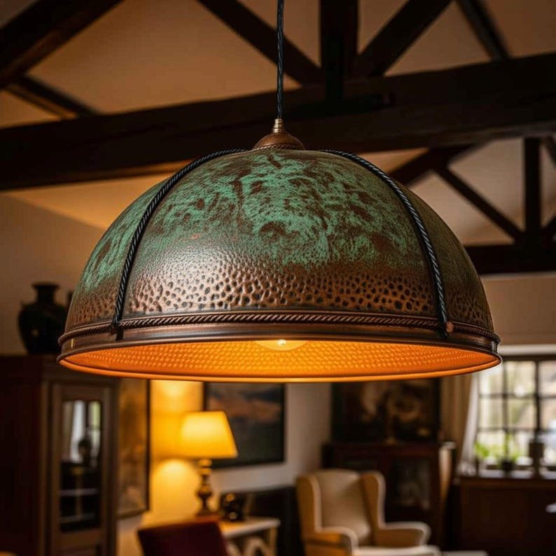 products-LodgeChandelierwithVerdigrisPatina5.jpg Hammered Copper Dome Pendant Light: Rustic Lodge Chandelier with Verdigris Patina - Image 5