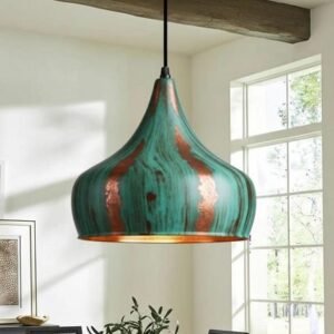 Handcrafted Copper Pendant Light: Green Patina Dome, Moroccan Style