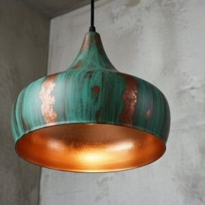 Handcrafted Copper Pendant Light: Green Patina Dome, Moroccan Style