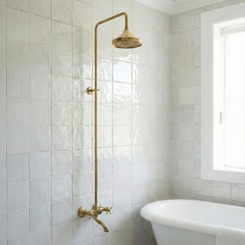 products-MoroccanStyleDecor2.jpg Vintage Brass Shower Faucet, Wall Mounted Exposed Shower System, Antique Brass Bathroom Fixture, Rainfall Shower Head, Moroccan Style Decor - Image 3