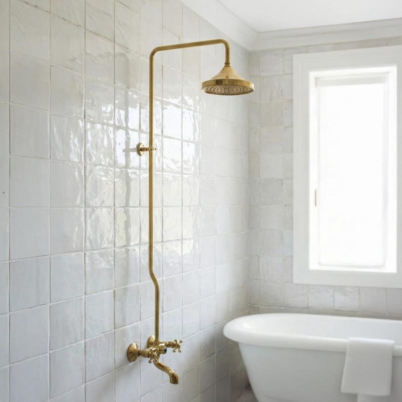 products-MoroccanStyleDecor3.jpg Vintage Brass Shower Faucet, Wall Mounted Exposed Shower System, Antique Brass Bathroom Fixture, Rainfall Shower Head, Moroccan Style Decor
