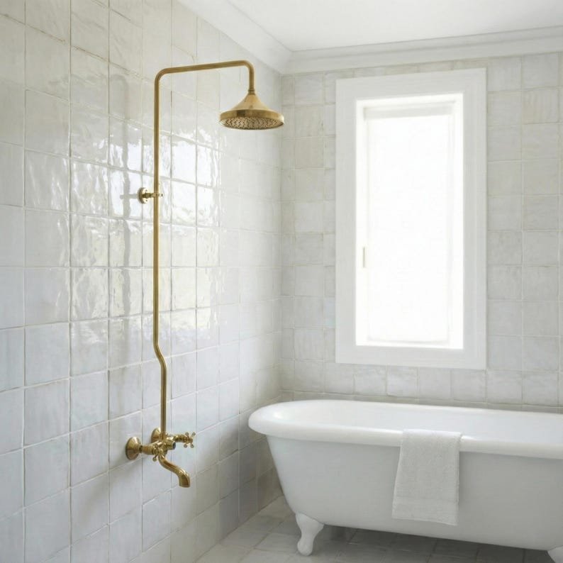 products-MoroccanStyleDecor5.jpg Vintage Brass Shower Faucet, Wall Mounted Exposed Shower System, Antique Brass Bathroom Fixture, Rainfall Shower Head, Moroccan Style Decor - Image 5