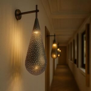 Handcrafted Pierced Metal Wall Lamp – Teardrop Design Antique Finish Sconce for Indoor & Outdoor Decor