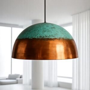 Handmade Oxidized Copper Dome Pendant Light: Green Patina, Rustic Lighting