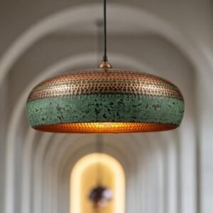 Hammered Copper Pendant Light: Patina Green Moroccan Dome Lamp