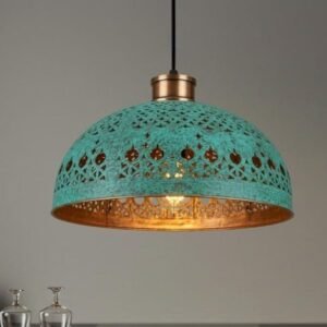 Hand Hammered Moroccan Copper Pendant Light: Green Patina Kitchen Island Lighting
