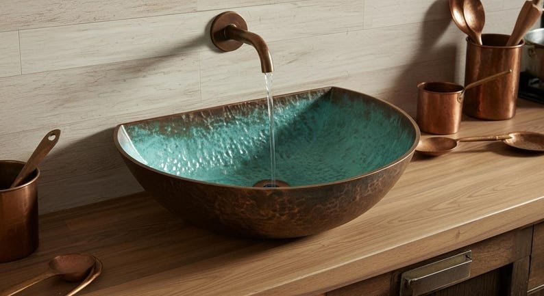 products-PatinaVesselBasin1.jpg Hand Hammered Copper Sink: Moroccan Patina Vessel Basin