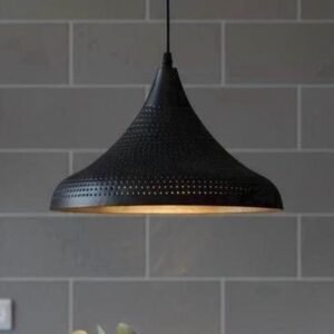 Black Brass Pendant Light – Pierced Dome Ceiling Lamp with Gold Interior