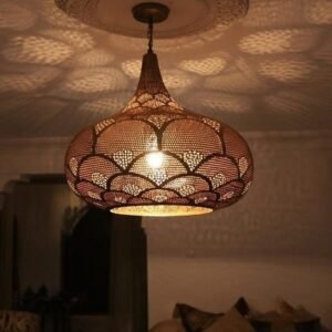 Handcrafted Moroccan Brass Pendant Light: Pierced Teardrop Boho Lamp
