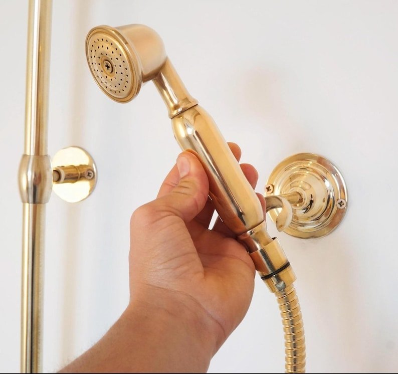 Unlacquered Brass Outdoor Shower System, Exposed Pipe Vintage Rainfall Shower with Handheld - Image 2