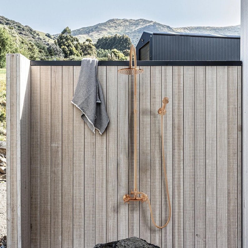 Unlacquered Brass Outdoor Shower System, Exposed Pipe Vintage Rainfall Shower with Handheld - Image 4