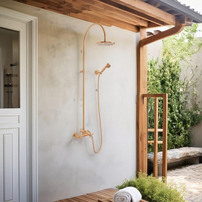 Unlacquered Brass Outdoor Shower System, Exposed Pipe Vintage Rainfall Shower with Handheld