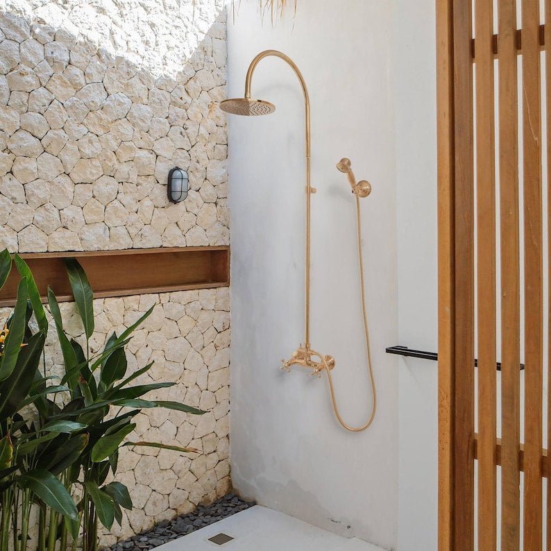 Unlacquered Brass Outdoor Shower System, Exposed Pipe Vintage Rainfall Shower with Handheld - Image 5